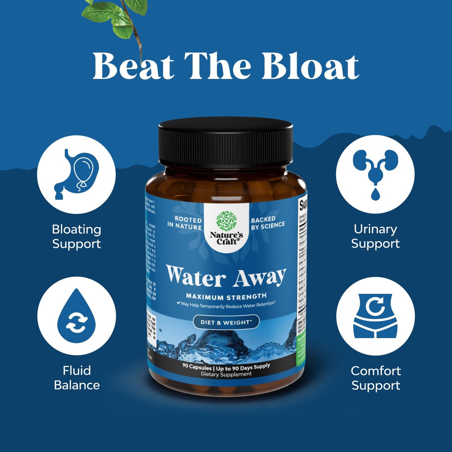 Water Away Herbal Diuretic Pills High Strength - Fluid Retention Supplement with Dandelion Leaf Extract & Green Tea for Bloating Relief for Women & Men - Maple Wellness Supplements