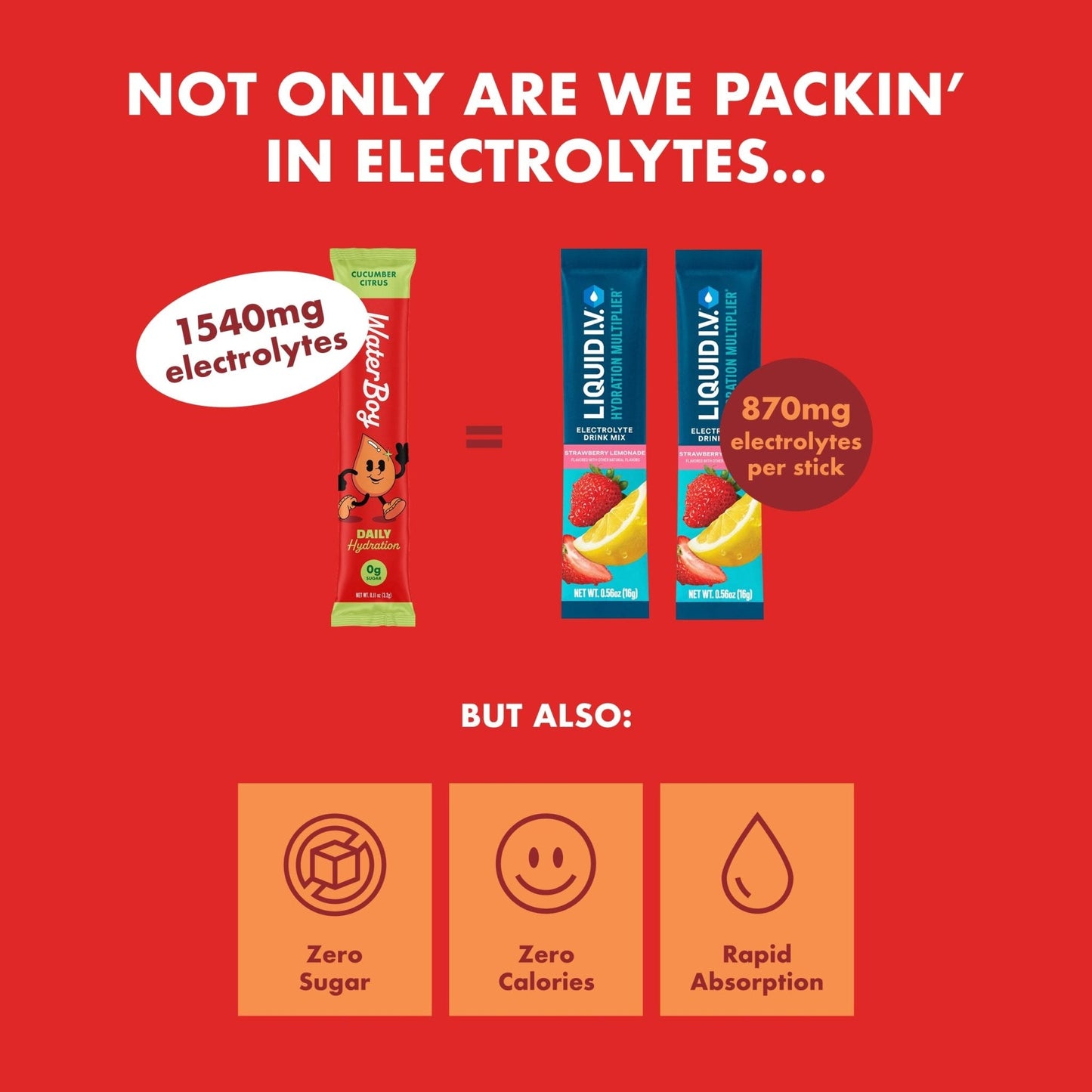 Waterboy Daily Hydration | 1,570mg Electrolyte Powder Packets | No Sugar, All Natural, Gluten Free, Zero Calories | 15 Drink Stick Mixes (Watermelon) - Maple Wellness Supplements