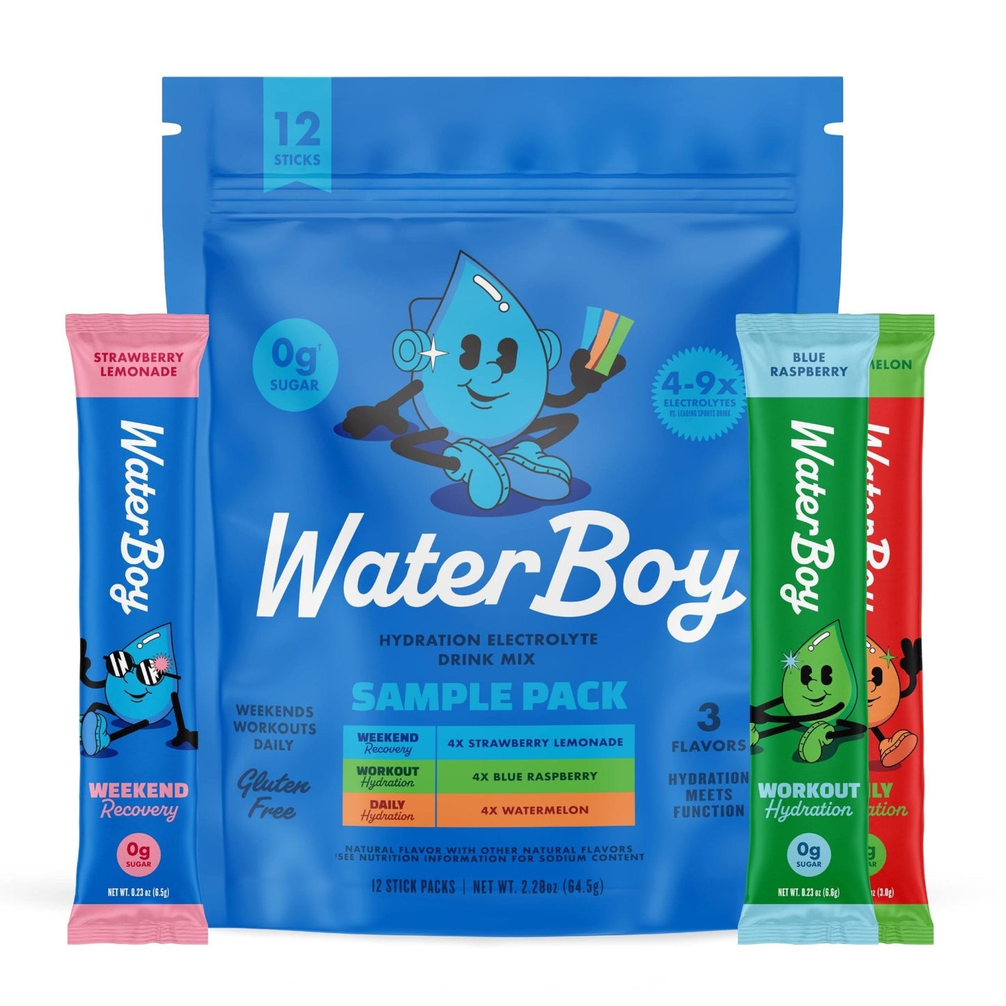 Waterboy Hydration Recovery Variety | 4-9x Electrolyte Powder Packets | Ginger + L-Theanine + L-Glutamine + Vitamins | No Sugar, All Natural, Gluten Free - Maple Wellness Supplements