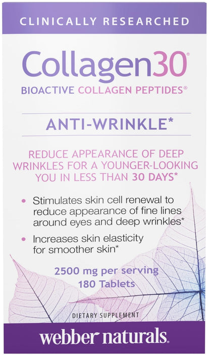 Webber Naturals Collagen30 Anti-Wrinkle, 2,500mg of Bioactive Collagen Peptides Per Serving (3 Tablets), 180 Tablets, Helps Reduce Deep Wrinkles, Fine Lines, Non GMO, Dairy, Gluten Free - Maple Wellness Supplements