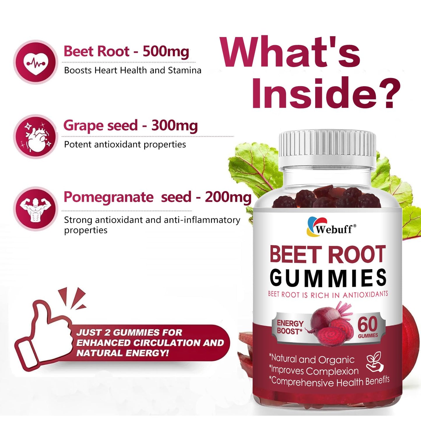 Webuff Beet Root Gummies - Nitric Oxide Booster with Organic Beet, Pomegranate & Grape Seed, Vitamin B12 - Energy, Circulation & Heart Health Support, Vegan, Non-GMO, 60 Count (Pack of 1) - Maple Wellness Supplements
