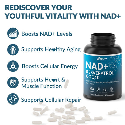 WEEVIT NAD+ Resveratrol Supplement with COQ10, Quercetin, Turmeric, NAD+ Supplement for Men and Women - Energy, Focus & Anti-Aging Support - Gluten Free, Non-GMO - Maple Wellness Supplements