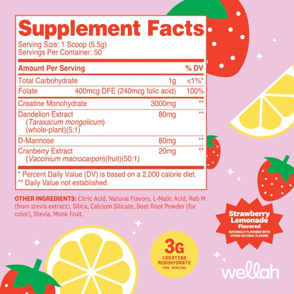 Wellah Creatine for Women - Creatine Monohydrate with Dandelion & Cranberry Extract (50 Servings, Strawberry Lemonade) - Maple Wellness Supplements