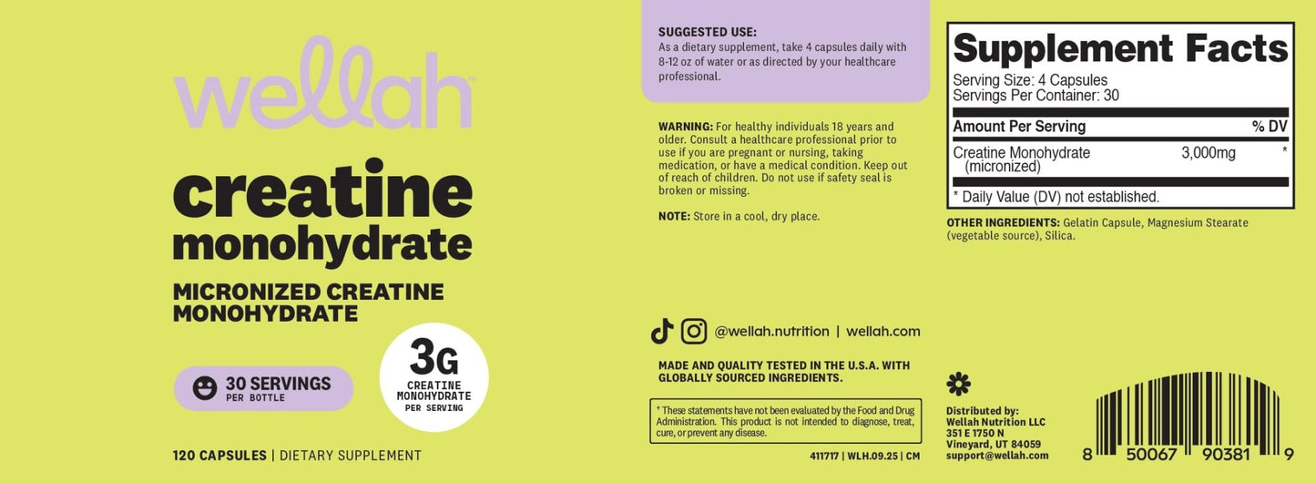 Wellah Creatine Monohydrate Capsules (3000 mg) 120 Capsules - Micronized Creatine, 30 Servings - Maple Wellness Supplements