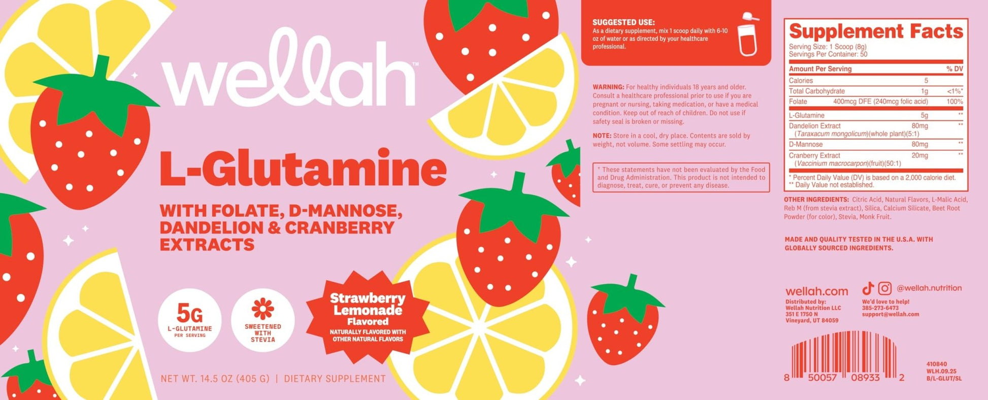 Wellah L-Glutamine Strawberry Lemonade Flavored (50 Servings) - 5g L-Glutamine Per Serving, Sweetened with Stevia - Maple Wellness Supplements