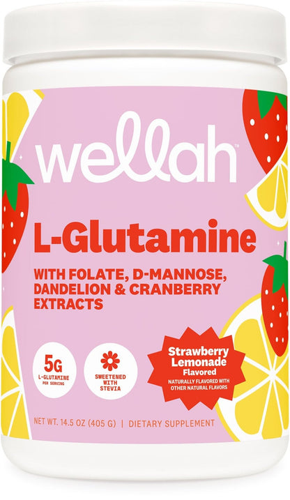 Wellah L-Glutamine Strawberry Lemonade Flavored (50 Servings) - 5g L-Glutamine Per Serving, Sweetened with Stevia - Maple Wellness Supplements
