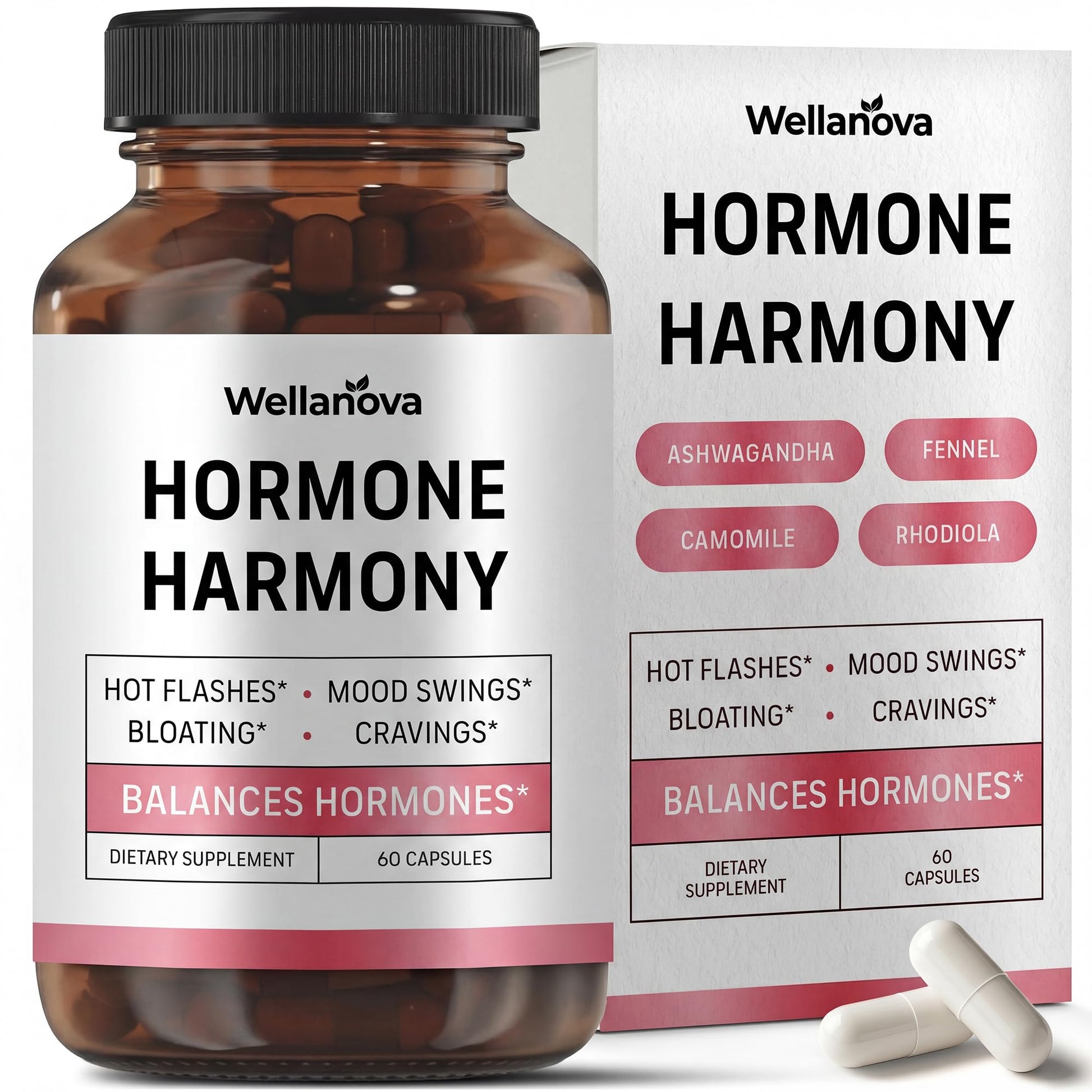 Wellanova Hormone Harmony for Women – Natural Hormonal Balance Support for Menopause & Perimenopause – Hot Flashes, Mood Swings, Cravings, Bloating Relief – 60 Capsules - Maple Wellness Supplements