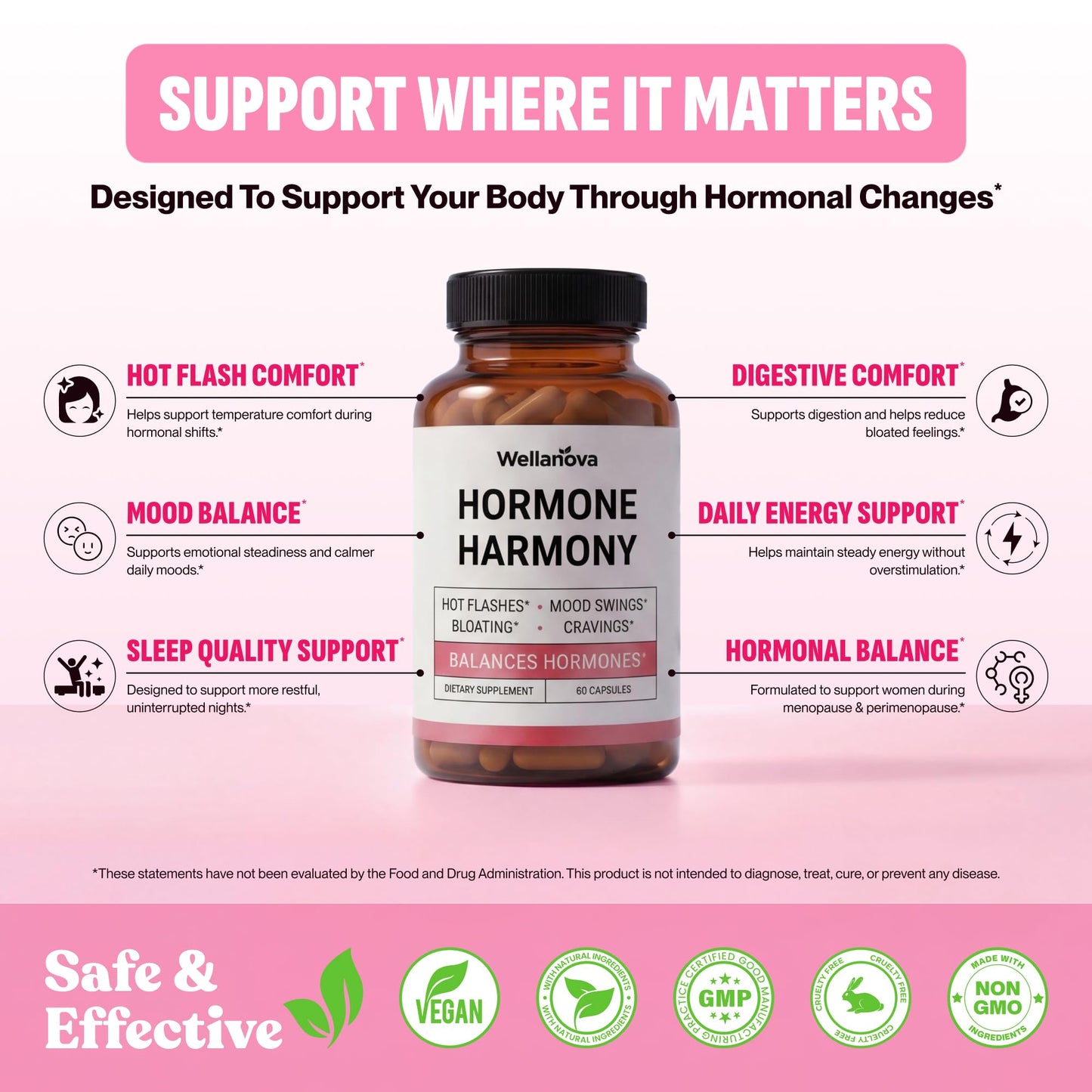 Wellanova Hormone Harmony for Women – Natural Hormonal Balance Support for Menopause & Perimenopause – Hot Flashes, Mood Swings, Cravings, Bloating Relief – 60 Capsules - Maple Wellness Supplements