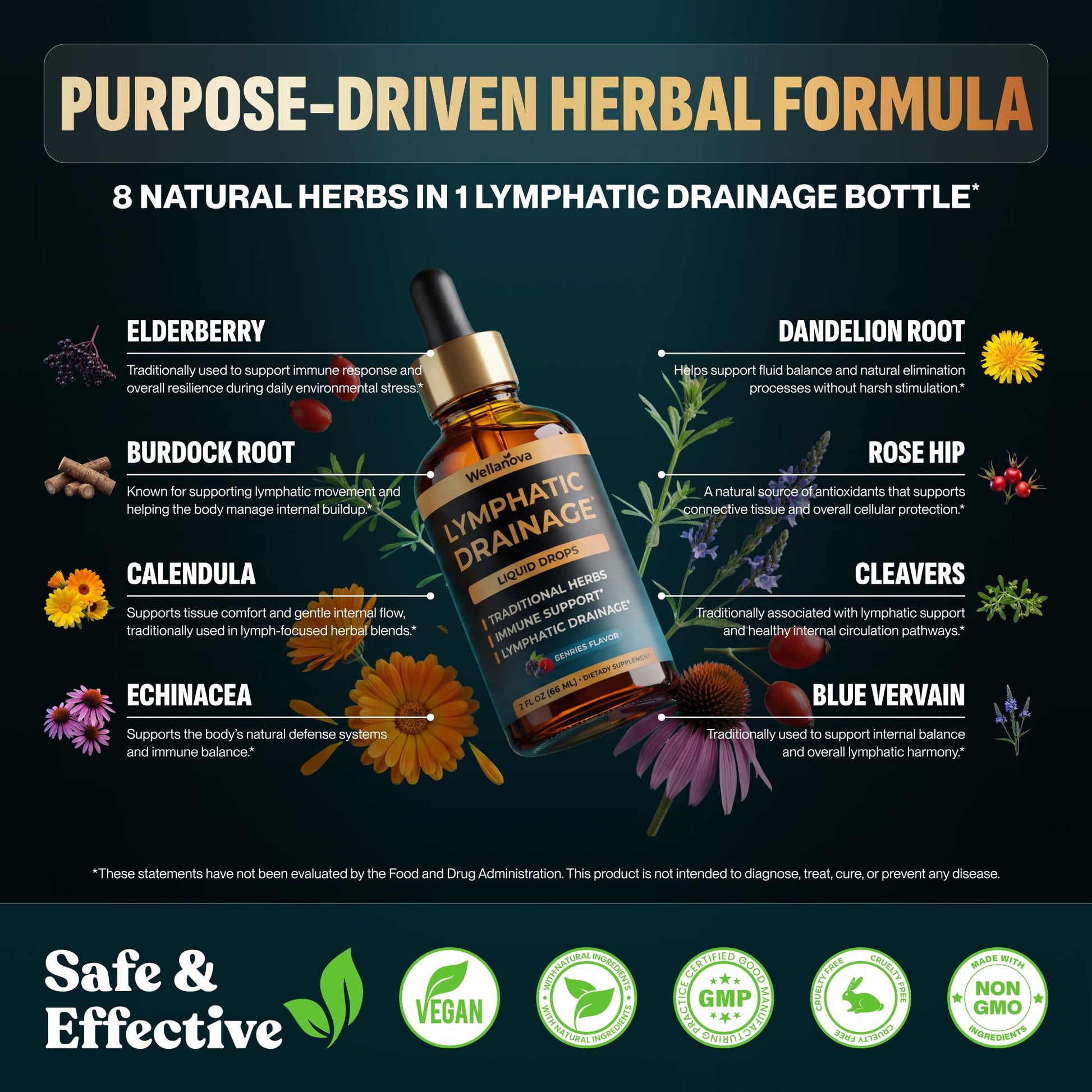 Wellanova Lymphatic Drainage Supplement - Organic Liquid Drops for Lymphatic Support & Detox - 8-in-1 Herbal Blend - Lymphatic Cleanse Complex with Burdock, Dandelion, Elderberry - 2 fl oz - Maple Wellness Supplements
