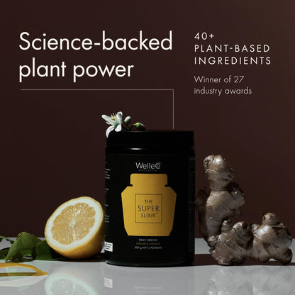 WelleCo The Super Elixir Daily Greens Powder, Probiotic Drink Mix with Whole Foods, Gluten Free, Vegan Gut Health Powder, Energy, Immunity, Healthy Skin, Hair & Nails (300g, Lemon Ginger) - Maple Wellness Supplements