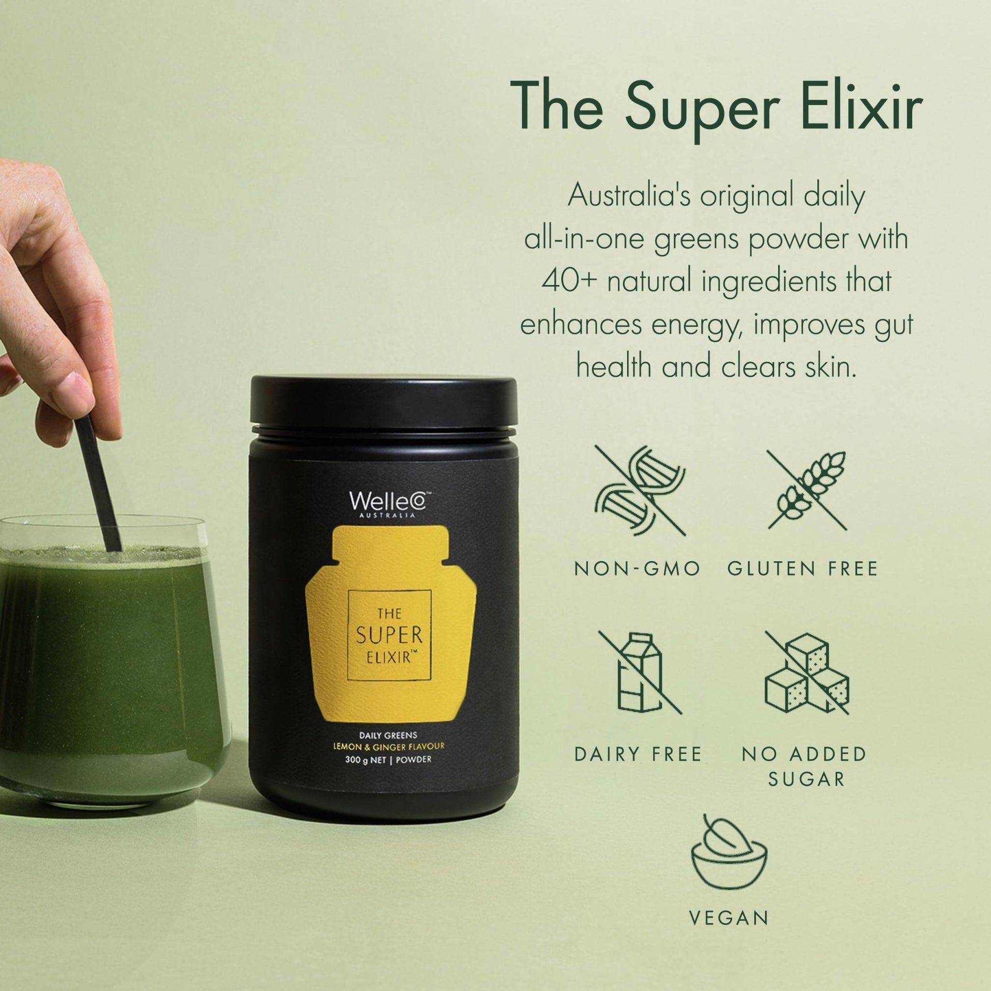 WelleCo The Super Elixir Daily Greens Powder, Probiotic Drink Mix with Whole Foods, Gluten Free, Vegan Gut Health Powder, Energy, Immunity, Healthy Skin, Hair & Nails (300g, Lemon Ginger) - Maple Wellness Supplements