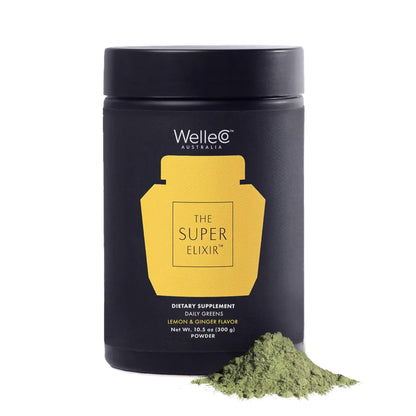 WelleCo The Super Elixir Daily Greens Powder, Probiotic Drink Mix with Whole Foods, Gluten Free, Vegan Gut Health Powder, Energy, Immunity, Healthy Skin, Hair & Nails (300g, Lemon Ginger) - Maple Wellness Supplements