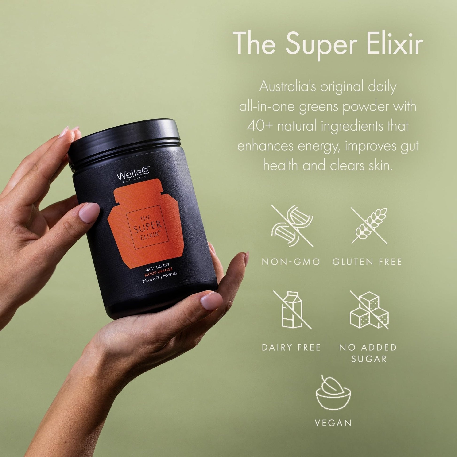 WelleCo The Super Elixir Daily Greens Powder, Probiotic Drink Mix with Whole Foods, Gluten Free, Vegan Gut Health Powder, Energy, Immunity, Healthy Skin, Hair & Nails (Jar, Blood Orange) - Maple Wellness Supplements