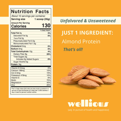 wellious Almond Protein Powder (Unflavored, Unsweetened) - 18 Grams of Pure Healthiest Vegan Protein for Women & Men | Soy-Free & Gut Friendly Protein - Maple Wellness Supplements