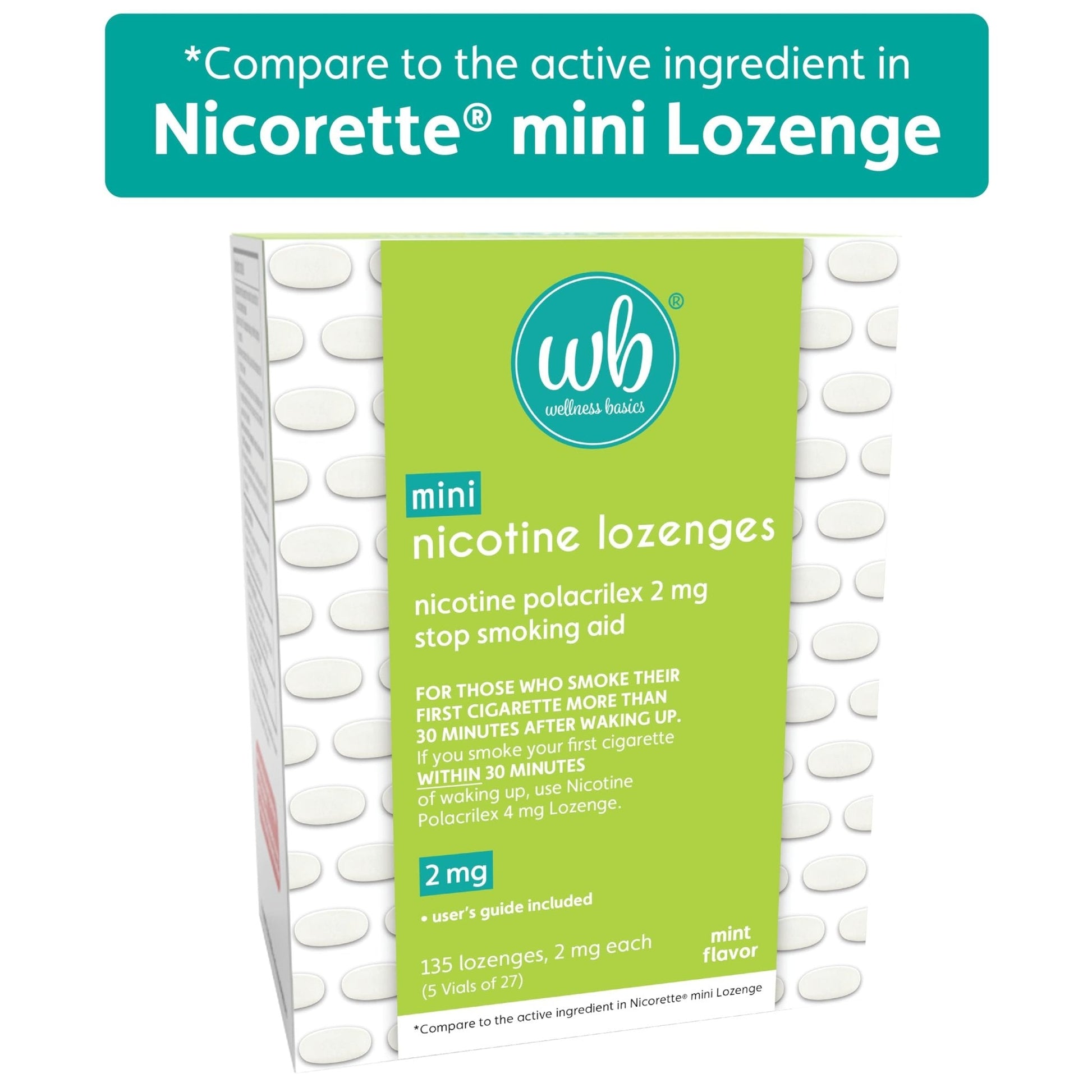 Wellness Basics Mini Nicotine Lozenge 2mg | Stop Smoking Aid | Mint Flavor | 135 Count | Pack of 5 Vials | Reduces Cravings & Withdrawal Symptoms - Maple Wellness Supplements