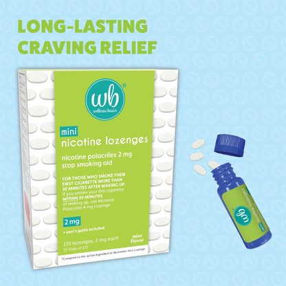 Wellness Basics Mini Nicotine Lozenge 2mg | Stop Smoking Aid | Mint Flavor | 135 Count | Pack of 5 Vials | Reduces Cravings & Withdrawal Symptoms - Maple Wellness Supplements