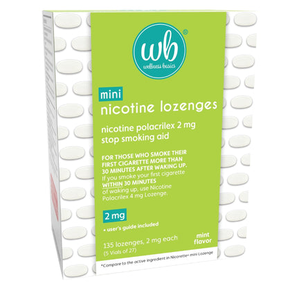Wellness Basics Mini Nicotine Lozenge 2mg | Stop Smoking Aid | Mint Flavor | 135 Count | Pack of 5 Vials | Reduces Cravings & Withdrawal Symptoms - Maple Wellness Supplements