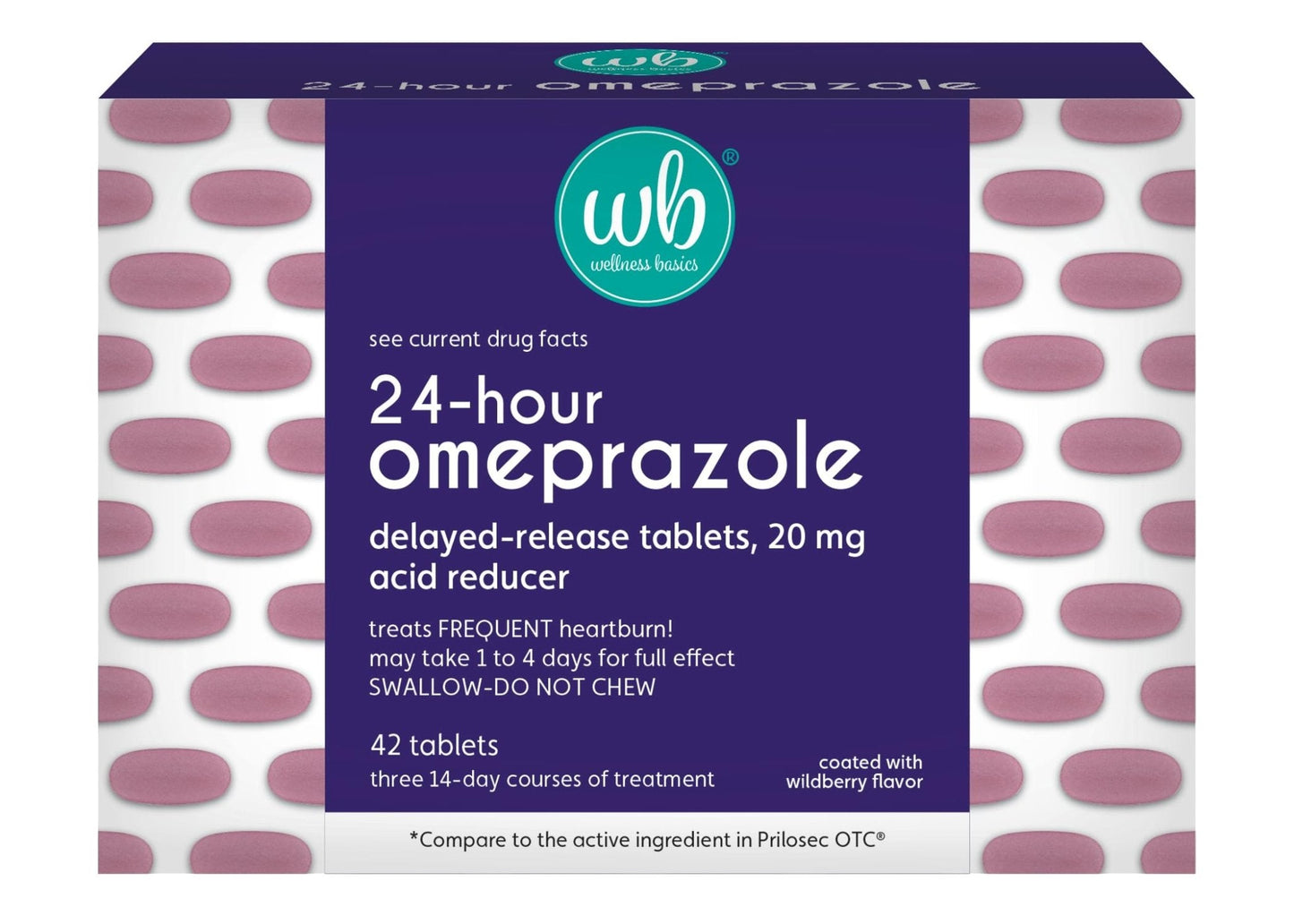 Wellness Basics Omeprazole 20mg Delayed Release | Acid Reducer | 42 Count | Tablet | Treats Frequent Heartburn (Wildberry) - Maple Wellness Supplements