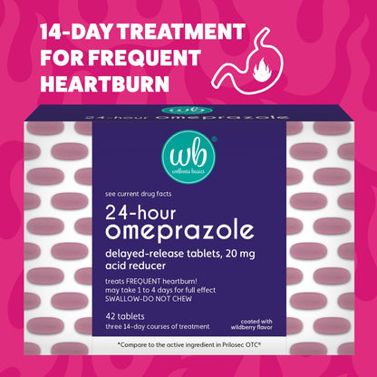 Wellness Basics Omeprazole 20mg Delayed Release | Acid Reducer | 42 Count | Tablet | Treats Frequent Heartburn (Wildberry) - Maple Wellness Supplements