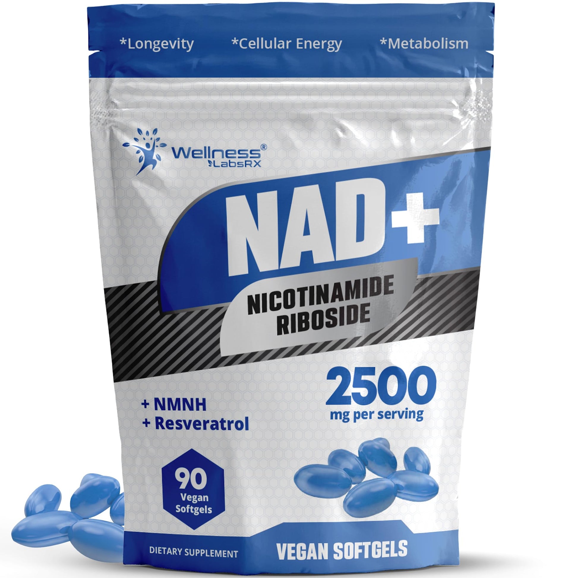 WELLNESS LABSRX NAD+ Supplement - Third-Party Tested NMNH Supplement Softgels, NAD Resveratrol 2500mg NAD Supplements for Anti-Aging, Longevity, and Cellular Health Support - Made in USA - Maple Wellness Supplements