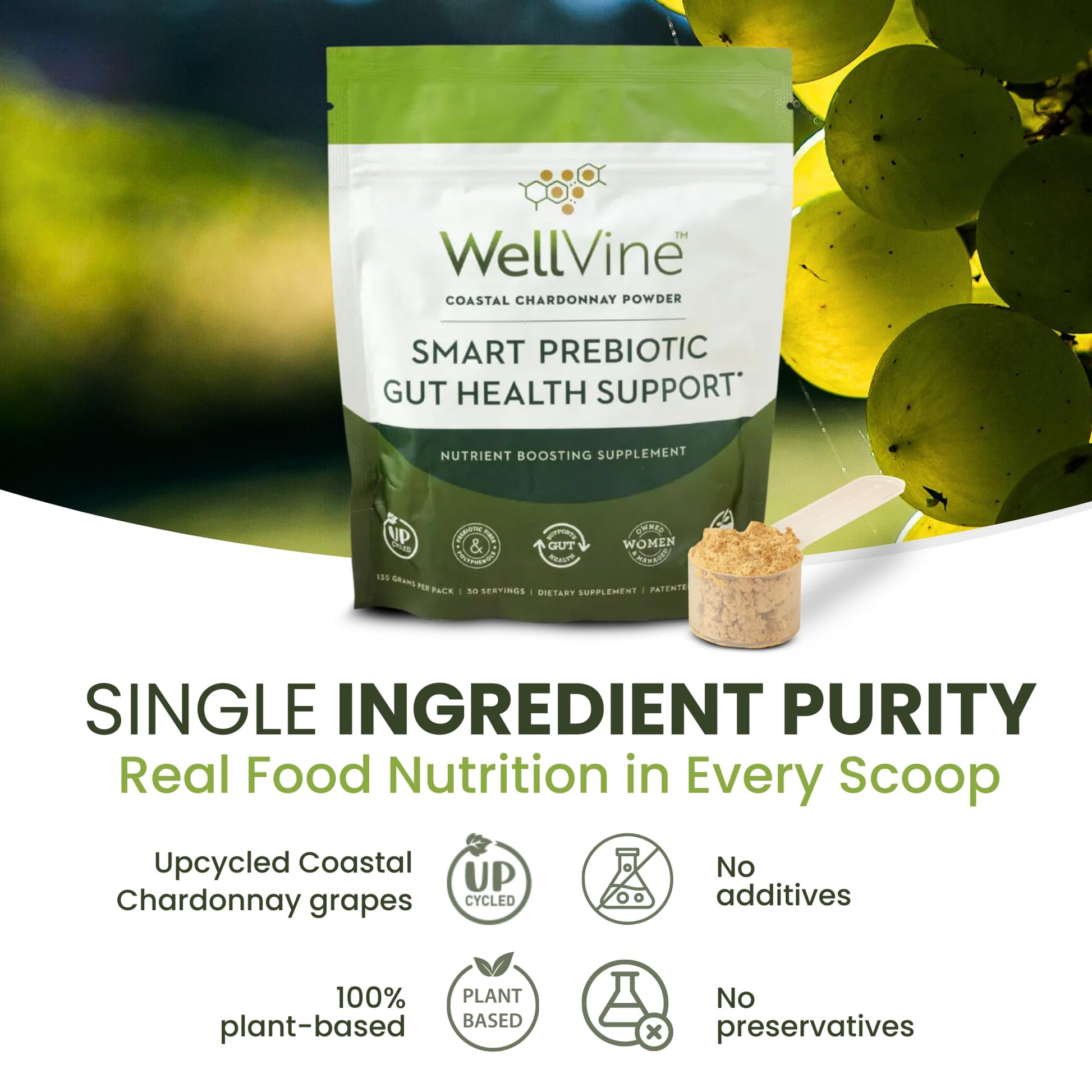 WellVine Premium Smart Prebiotic Gut Health Supplement Powder for Men & Women | Digestive Support & Gut Health With 100% Upcycled Chardonnay Grapes | Plant-Based - Maple Wellness Supplements