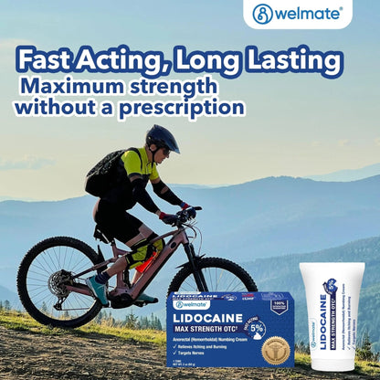 WELMATE 5% Lidocaine Cream for Hemorrhoids – Fast-Acting Lidocaine Numbing Cream & Topical Analgesic Cream for Anorectal Itch Relief, Unscented, Child Resistant Packaging 2 oz (60g) - Maple Wellness Supplements