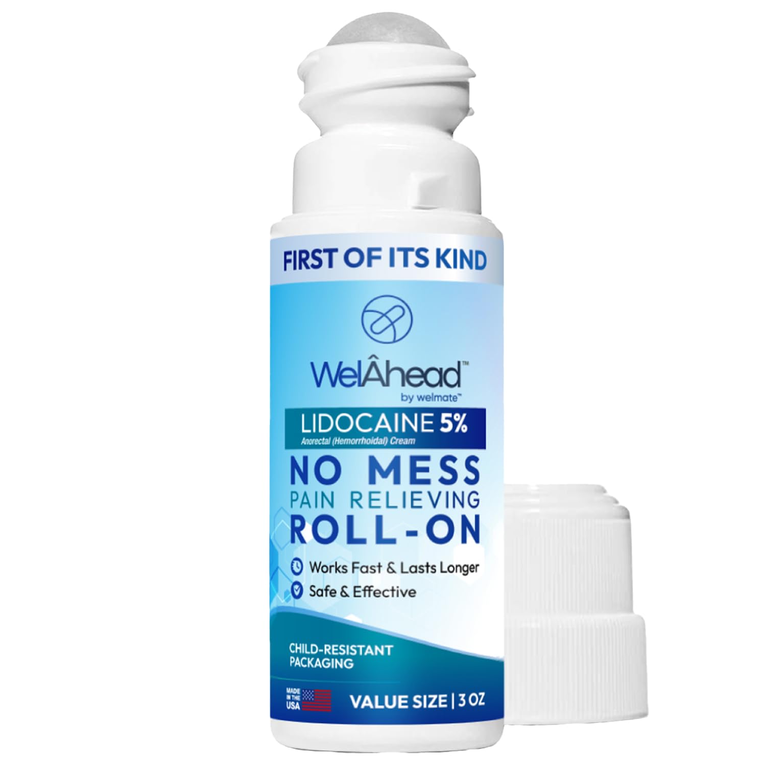 WELMATE - 5% Lidocaine Roll-On (3 oz Value Size) - No Mess Targeted Relief - Topical Anesthetic - Hemorrhoid Relief - Aloe Vera - Fast Acting & Long Lasting - Over-The-Counter Medication - First Aid - Maple Wellness Supplements