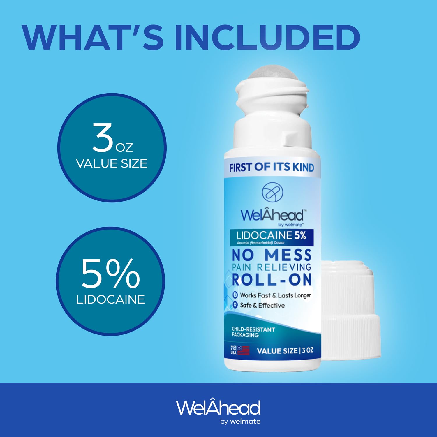 WELMATE - 5% Lidocaine Roll-On (3 oz Value Size) - No Mess Targeted Relief - Topical Anesthetic - Hemorrhoid Relief - Aloe Vera - Fast Acting & Long Lasting - Over-The-Counter Medication - First Aid - Maple Wellness Supplements
