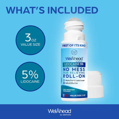 WELMATE - 5% Lidocaine Roll-On (3 oz Value Size) - No Mess Targeted Relief - Topical Anesthetic - Hemorrhoid Relief - Aloe Vera - Fast Acting & Long Lasting - Over-The-Counter Medication - First Aid - Maple Wellness Supplements
