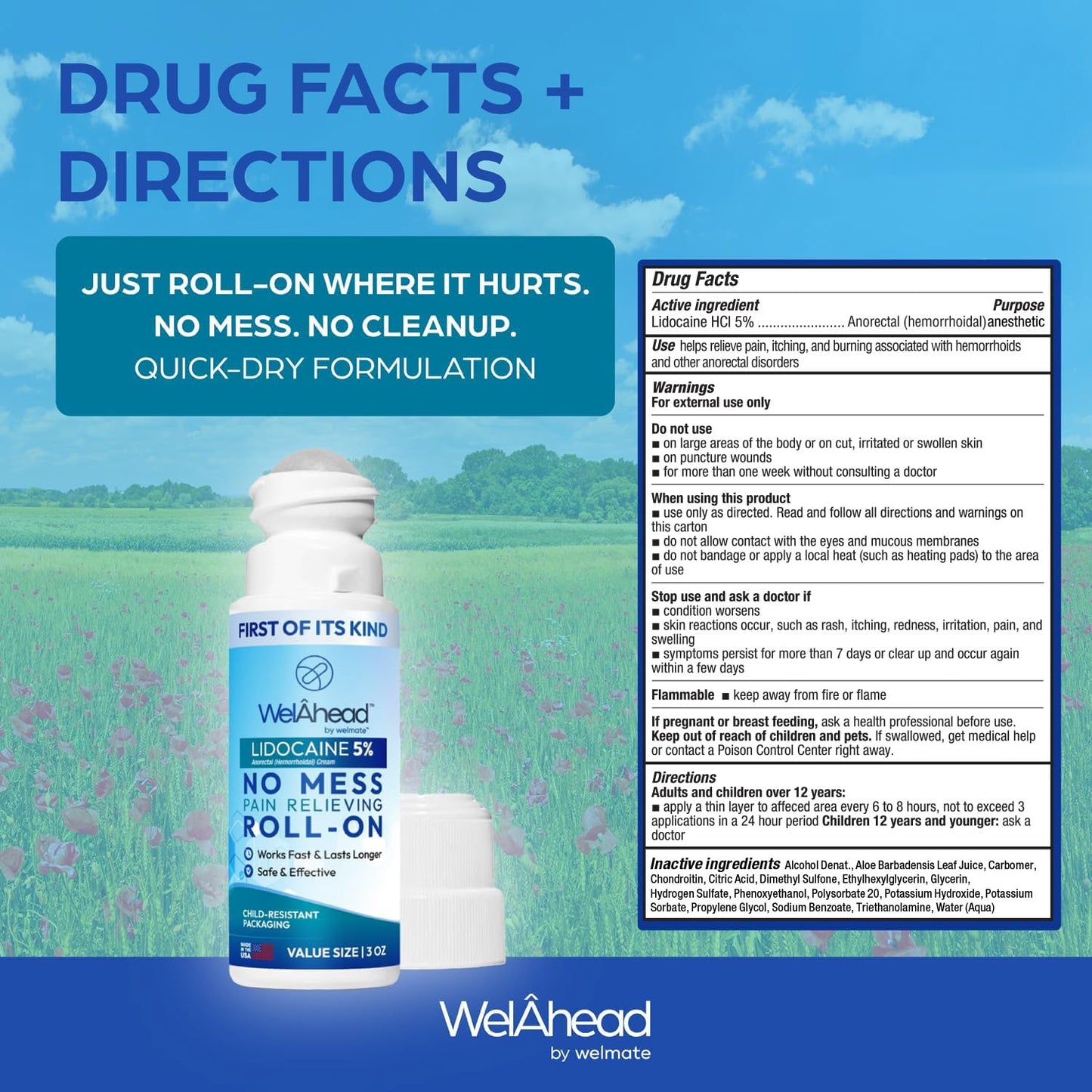 WELMATE - 5% Lidocaine Roll-On (3 oz Value Size) - No Mess Targeted Relief - Topical Anesthetic - Hemorrhoid Relief - Aloe Vera - Fast Acting & Long Lasting - Over-The-Counter Medication - First Aid - Maple Wellness Supplements