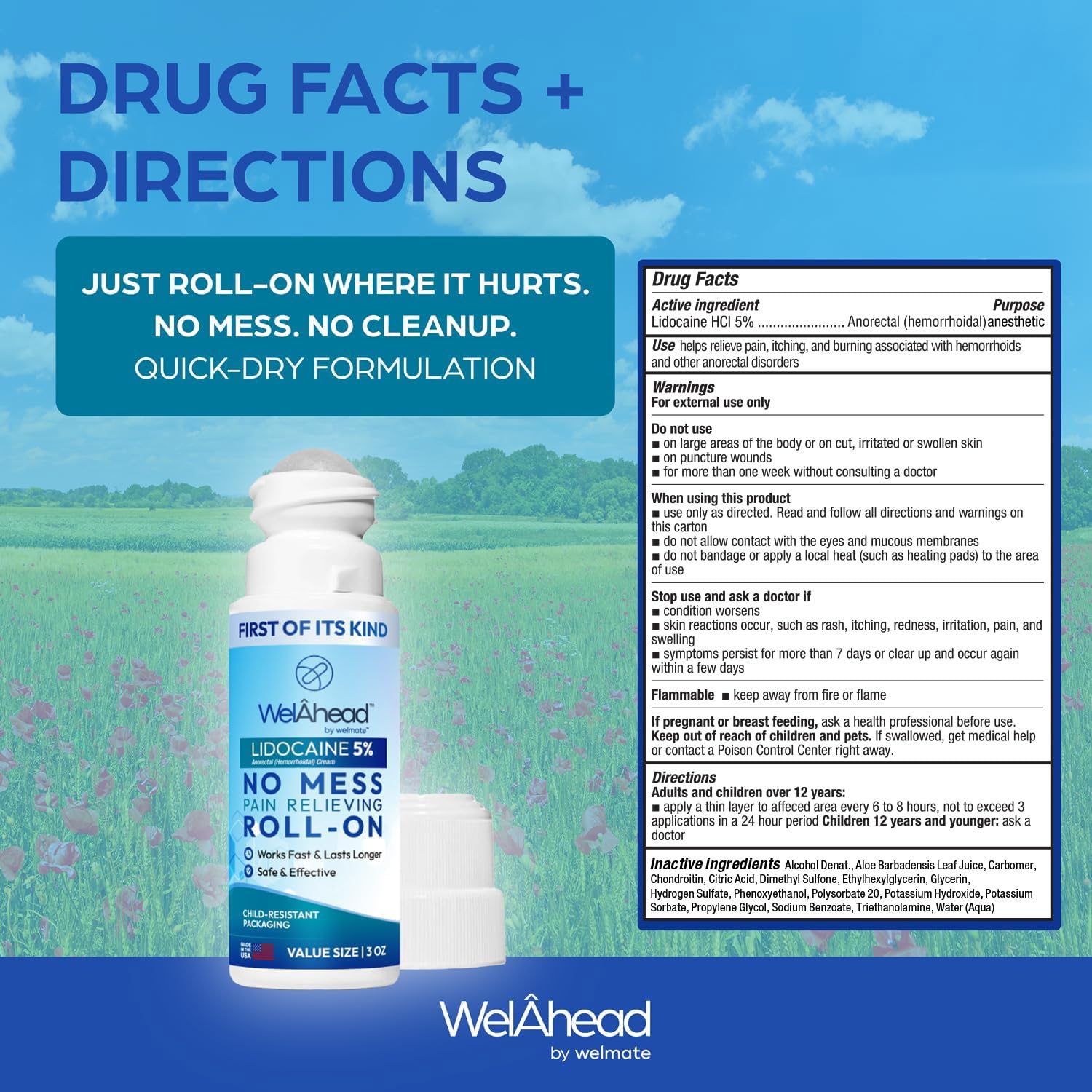 WELMATE - 5% Lidocaine Roll-On (3 oz Value Size) - No Mess Targeted Relief - Topical Anesthetic - Hemorrhoid Relief - Aloe Vera - Fast Acting & Long Lasting - Over-The-Counter Medication - First Aid - Maple Wellness Supplements