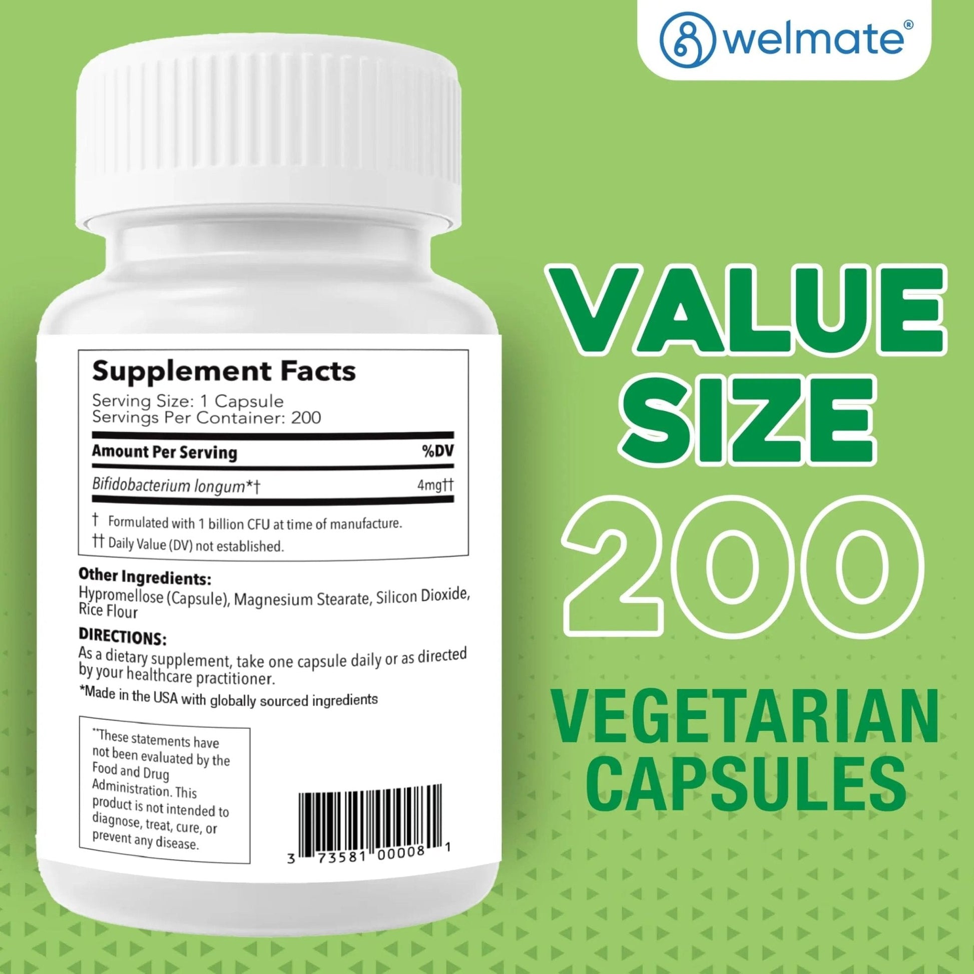 WELMATE Bifidobacterium - Probiotic Supplement - Supports Gut Health - Immune Support - Digestive Enzymes - Gluten Free - Vegan - Men & Womens Probiotic - Value Size - 200 Count - Maple Wellness Supplements