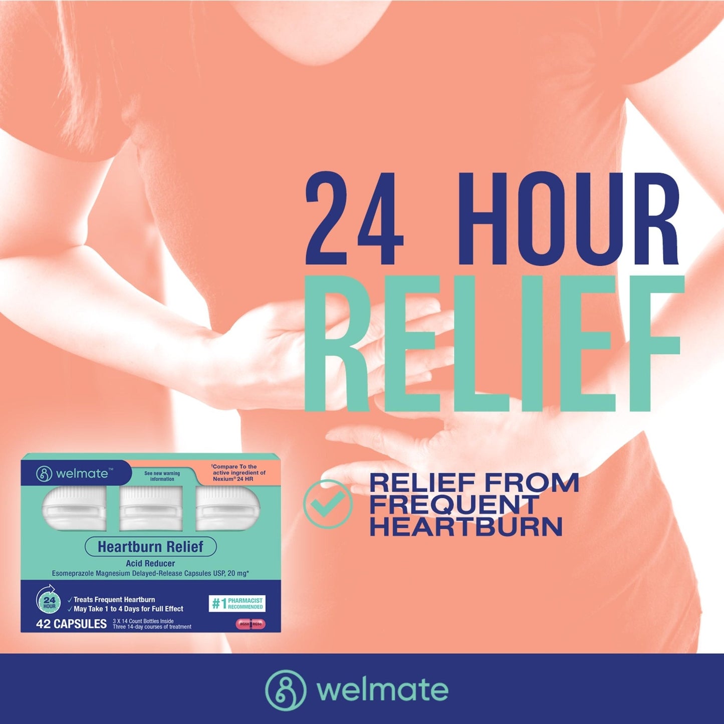 WELMATE Esomeprazole Magnesium 20mg Delayed Release Capsules, 84 Count (2-Pack) – Acid Reducer for Frequent Heartburn & Acid Reflux Relief, 24HR Protection, Digestion Support - Maple Wellness Supplements