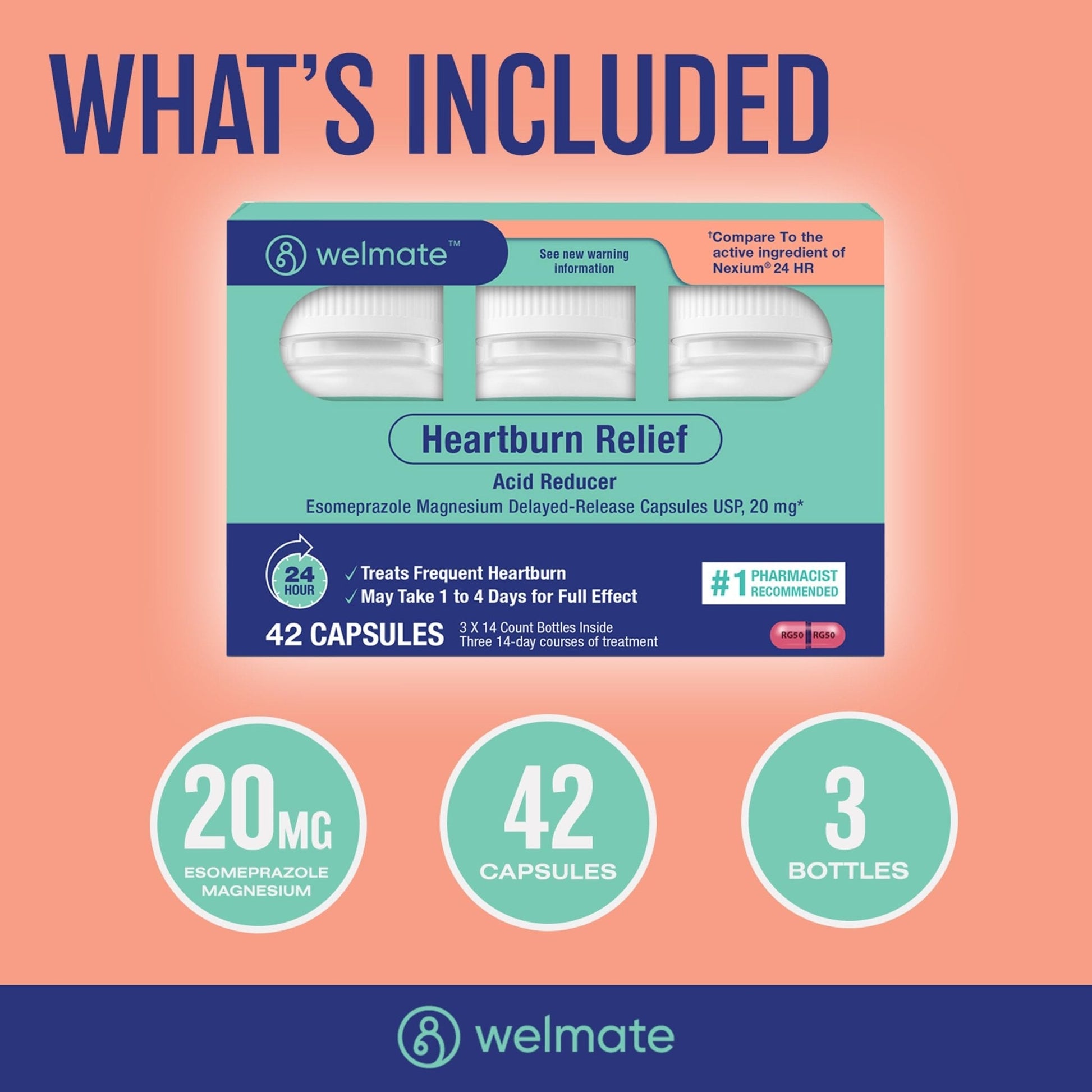 WELMATE Esomeprazole Magnesium 20mg Delayed Release Capsules, 84 Count (2-Pack) – Acid Reducer for Frequent Heartburn & Acid Reflux Relief, 24HR Protection, Digestion Support - Maple Wellness Supplements
