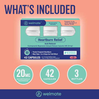 WELMATE Esomeprazole Magnesium 20mg Delayed Release Capsules, 84 Count (2-Pack) – Acid Reducer for Frequent Heartburn & Acid Reflux Relief, 24HR Protection, Digestion Support - Maple Wellness Supplements