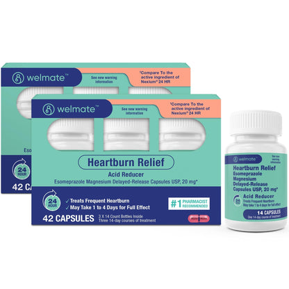 WELMATE Esomeprazole Magnesium 20mg Delayed Release Capsules, 84 Count (2-Pack) – Acid Reducer for Frequent Heartburn & Acid Reflux Relief, 24HR Protection, Digestion Support - Maple Wellness Supplements