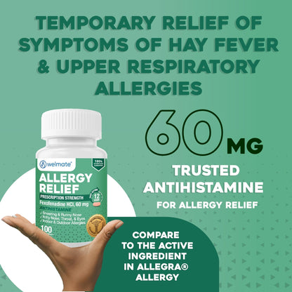 WELMATE - Fexofenadine Hydrochloride 60mg (100 Tablets) - Non Drowsy Allergy Medicine - 12 Hours - Antihistamine - Nose, Eyes, Throat - Generic Allergy Pills - Gluten Free, Over-the-Counter Medication - Maple Wellness Supplements