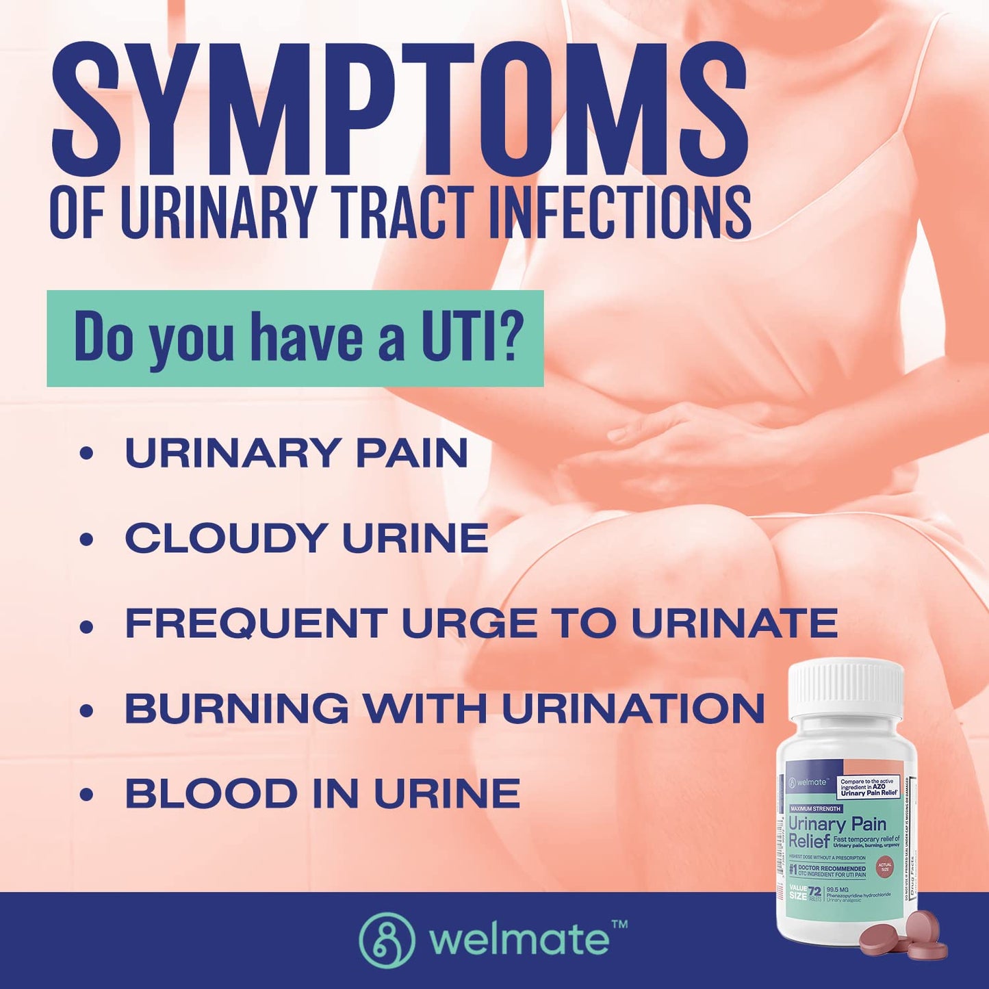 WELMATE Urinary Pain UTI Relief Maximum Strength (Phenazopyridine HCL) - Improve Urinary Tract Health & Bladder Control, Urgency, & Discomfort | Over-The-Counter Medication for Men & Women (72 Pills) - Maple Wellness Supplements