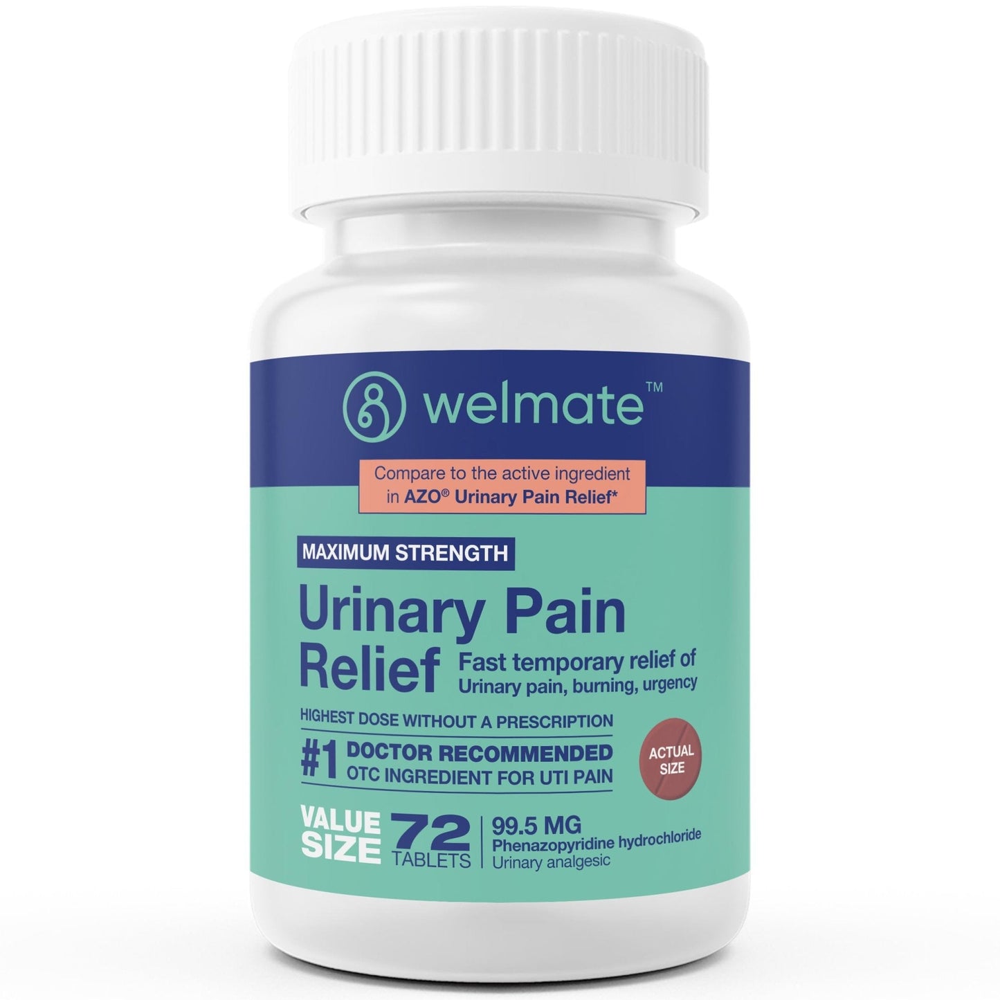 WELMATE Urinary Pain UTI Relief Maximum Strength (Phenazopyridine HCL) - Improve Urinary Tract Health & Bladder Control, Urgency, & Discomfort | Over-The-Counter Medication for Men & Women (72 Pills) - Maple Wellness Supplements