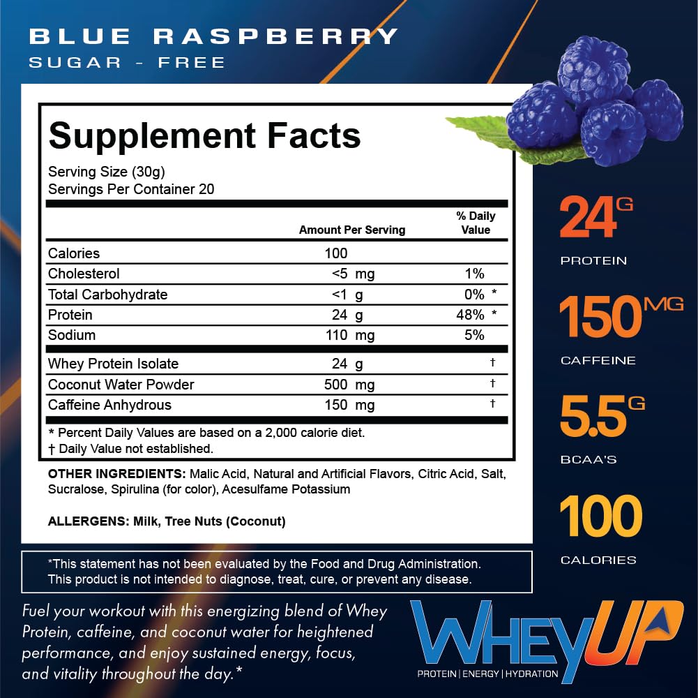 WheyUP Clear Whey Isolate Protein Powder, Blue Raspberry - 150mg Caffeine - 20 Servings - Maple Wellness Supplements