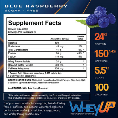 WheyUP Clear Whey Isolate Protein Powder, Blue Raspberry - 150mg Caffeine - 20 Servings - Maple Wellness Supplements