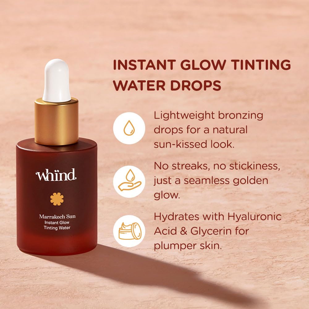 WHIND Marrakech Sun Instant Glow Tinting Water- Self Tanner Face Drops –Bronzing for Face –Lightweight Tanner/Natural Tan- Streak-Free Glow – Tan Drops for Radiant Skin - 1oz / 30ml - Maple Wellness Supplements