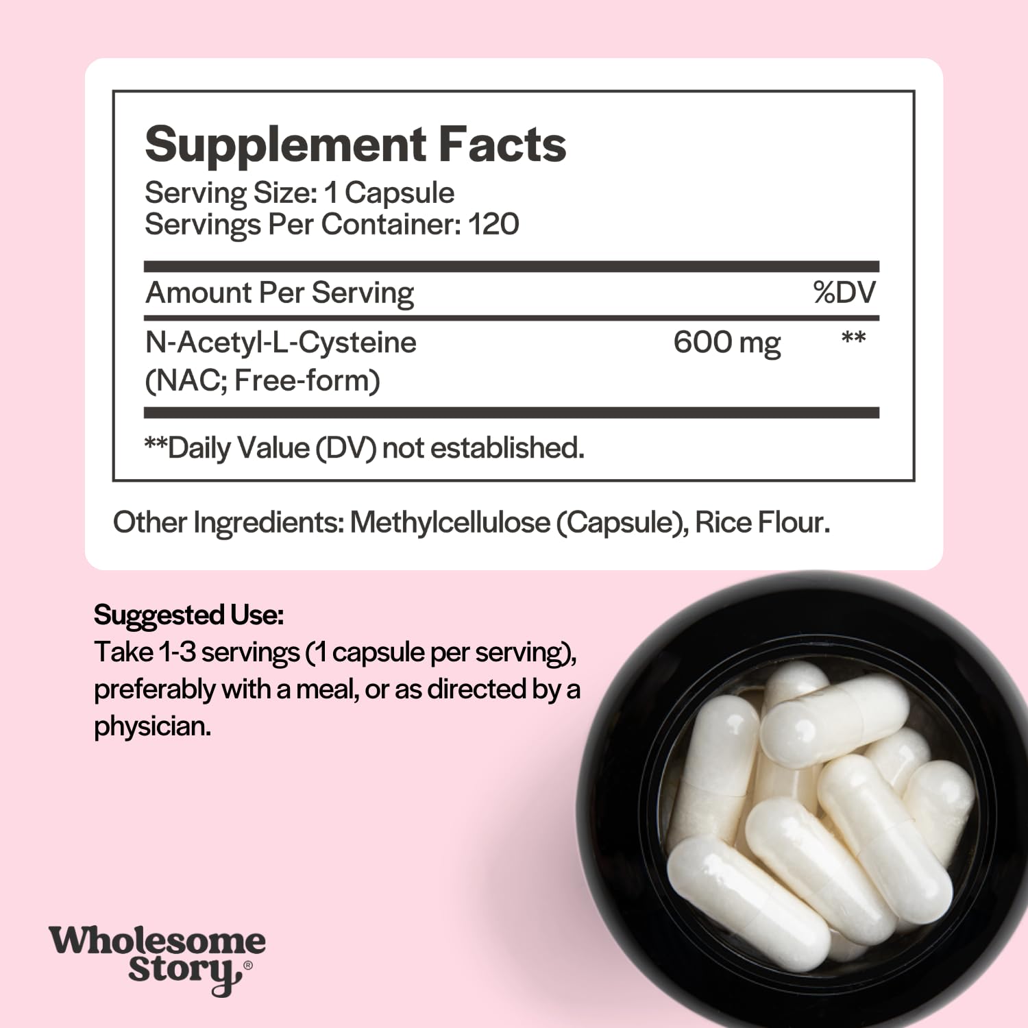 Wholesome Story NAC Supplement N Acetyl Cysteine 600 mg | Liver, Lung & Fertility Support | 120 Capsules | 120 Serving Supply - Maple Wellness Supplements