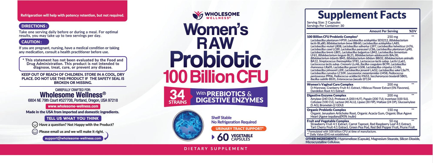 Wholesome Wellness Dr. Formulated Raw Probiotics for Women 100 Billion CFUs Capsules with Prebiotics, Digestive Enzymes - Maple Wellness Supplements