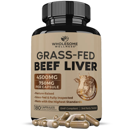 Wholesome Wellness Grass Fed Desiccated Beef Liver Capsules (180 Pills, 750mg Each) - Natural Iron, Vitamin A, B12 for Energy - Raised Undefatted in New Zealand - Maple Wellness Supplements