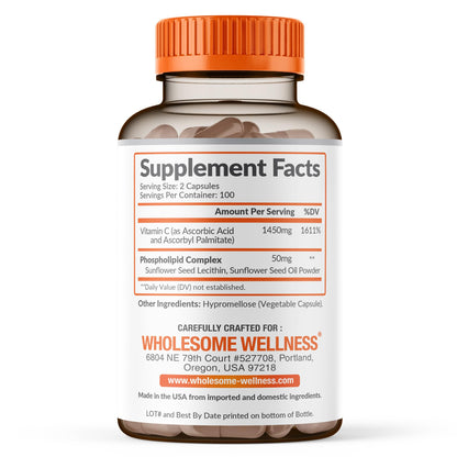 Wholesome Wellness Liposomal Vitamin C Capsules (200 Pills 1500mg Buffered) High Absorption, Immune System & Collagen Booster, High Dose Fat Soluble Immunity - Maple Wellness Supplements