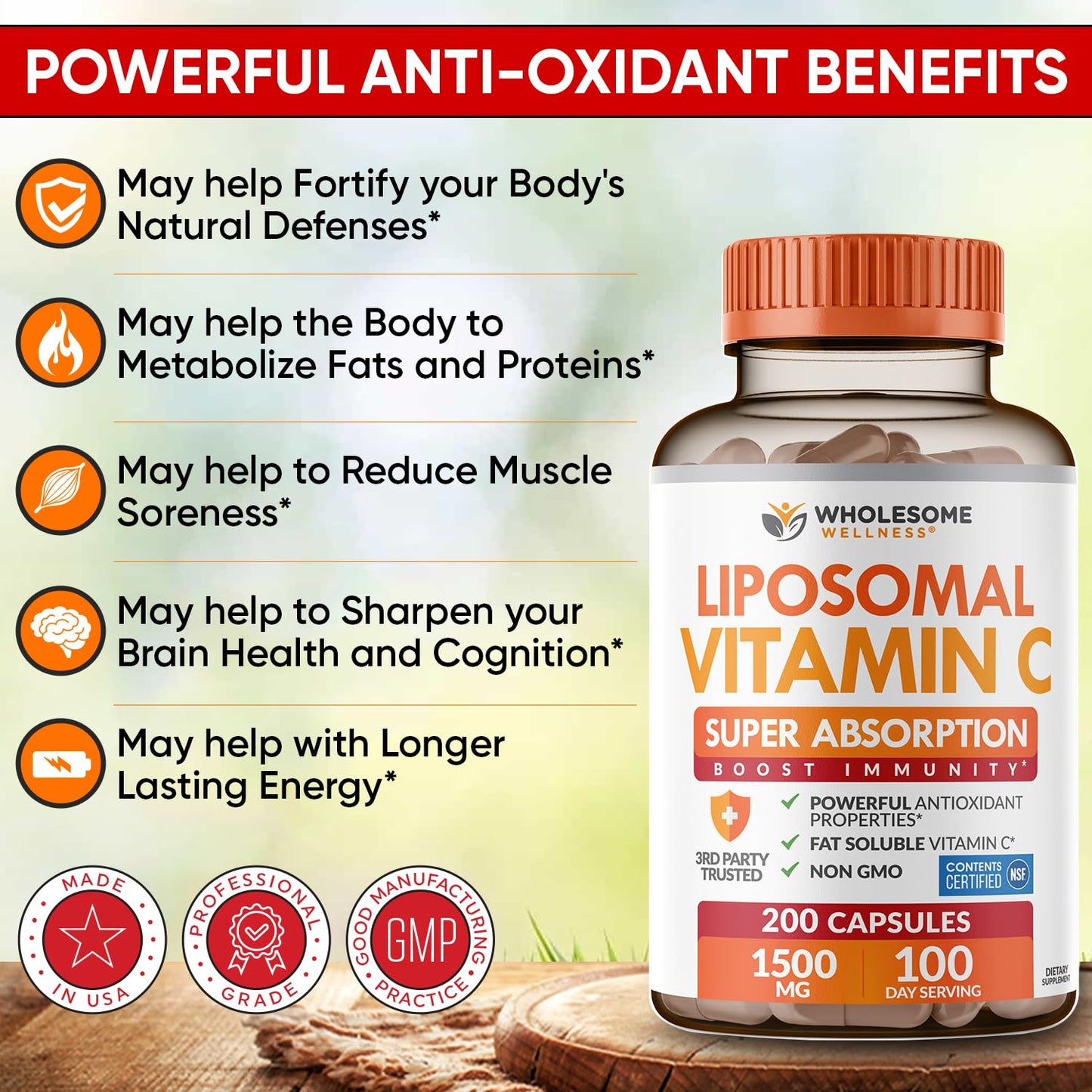 Wholesome Wellness Liposomal Vitamin C Capsules (200 Pills 1500mg Buffered) High Absorption, Immune System & Collagen Booster, High Dose Fat Soluble Immunity - Maple Wellness Supplements