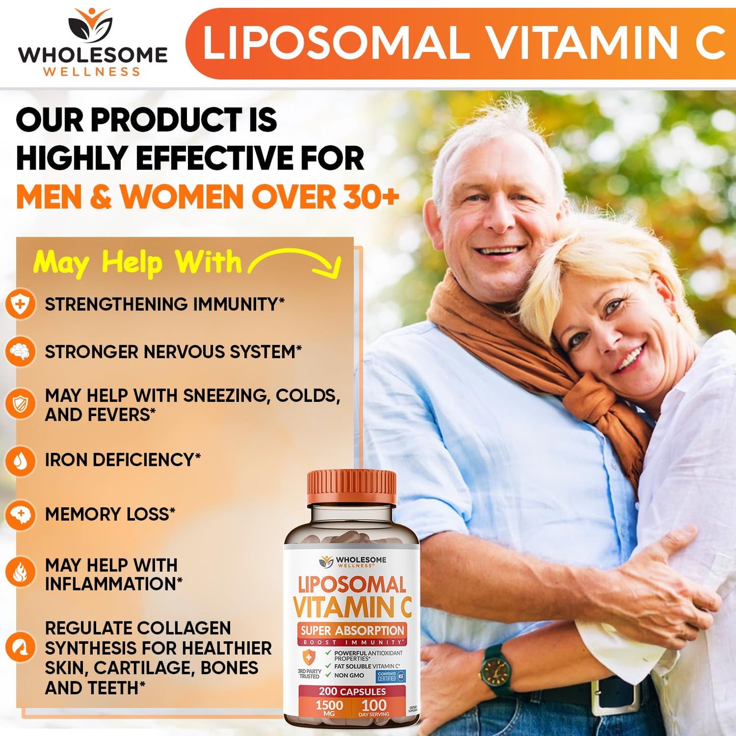 Wholesome Wellness Liposomal Vitamin C Capsules (200 Pills 1500mg Buffered) High Absorption, Immune System & Collagen Booster, High Dose Fat Soluble Immunity - Maple Wellness Supplements