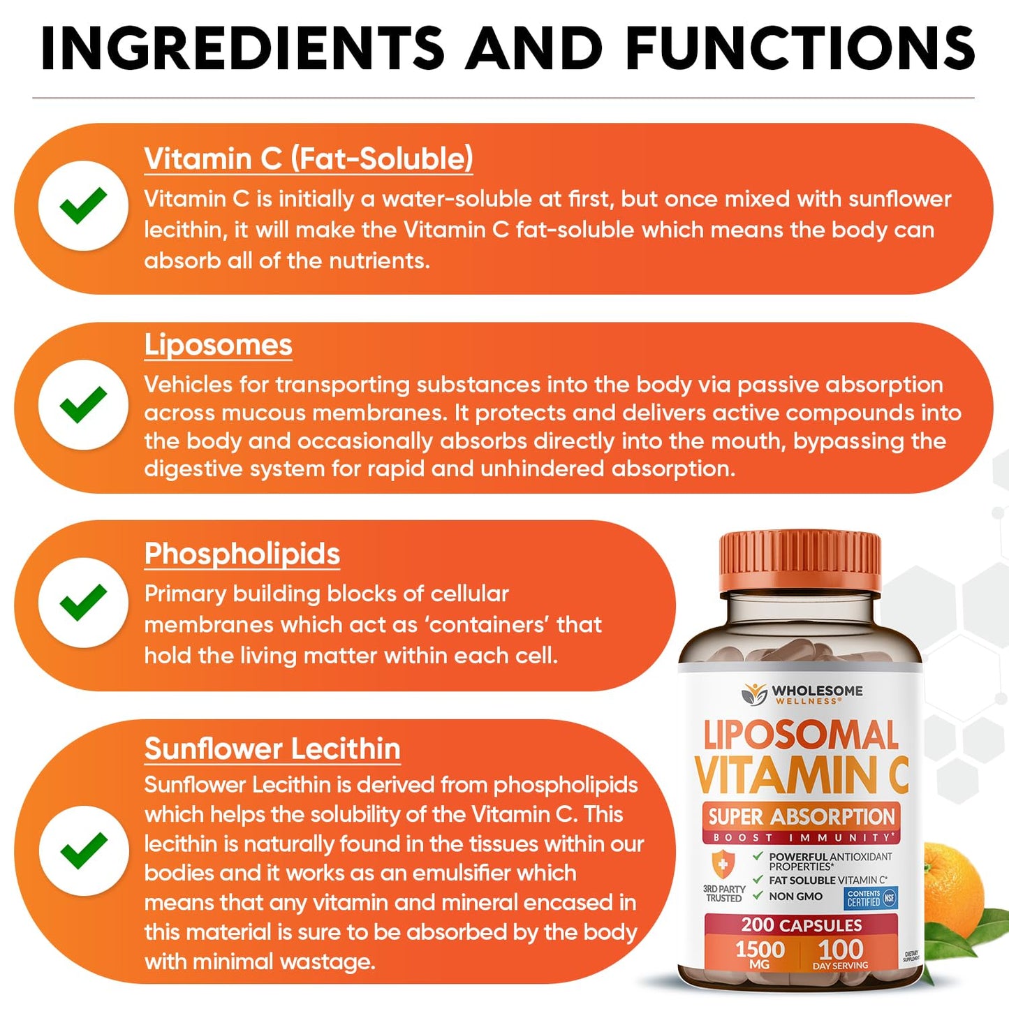 Wholesome Wellness Liposomal Vitamin C Capsules (200 Pills 1500mg Buffered) High Absorption, Immune System & Collagen Booster, High Dose Fat Soluble Immunity - Maple Wellness Supplements