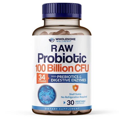 Wholesome Wellness Organic Raw Probiotics 100 Billion CFU, Dr Formulated for Women and Men, Complete Adult Supplement with Prebiotics - Maple Wellness Supplements